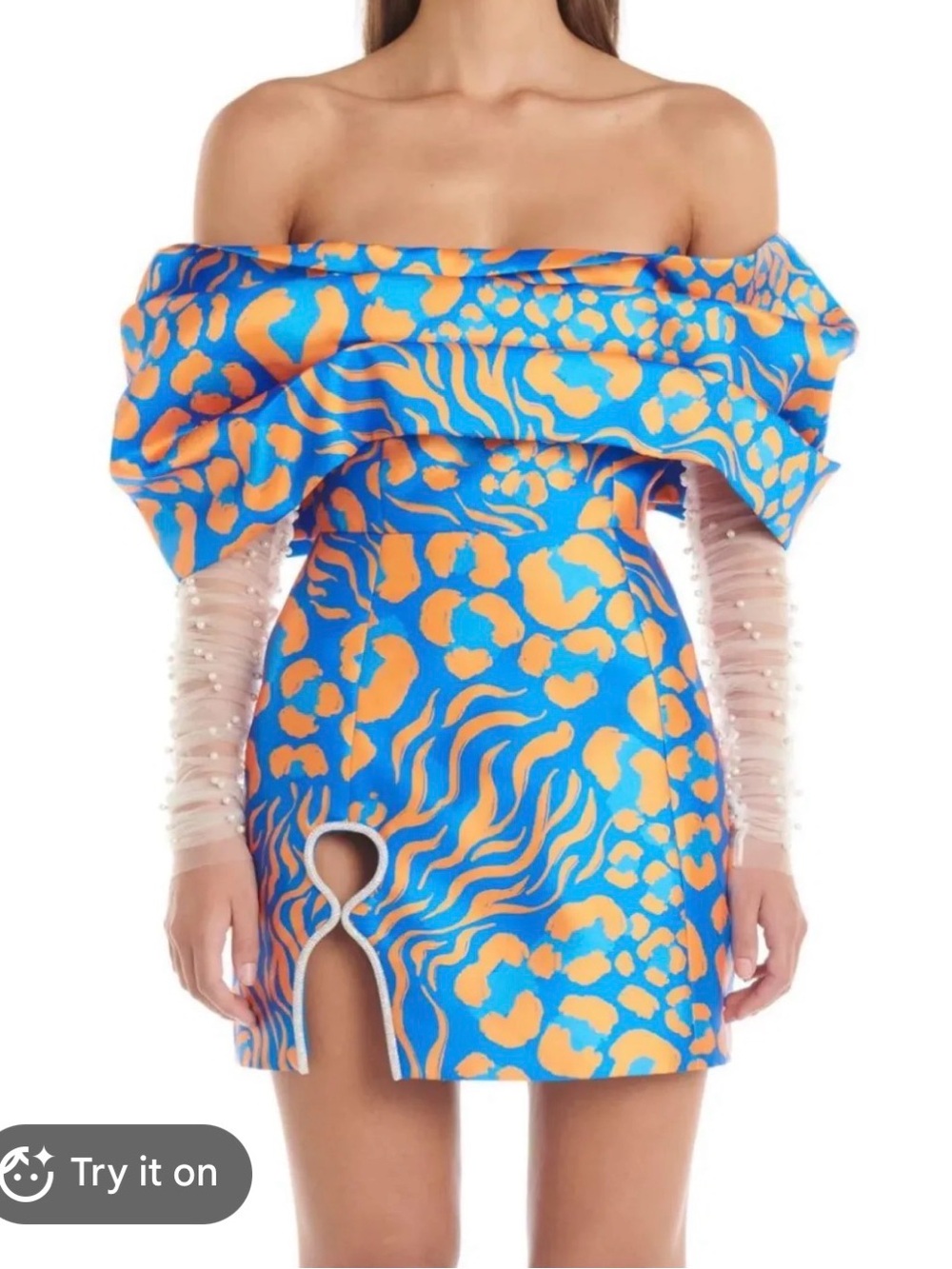 Off-Shoulder Blue and Orange Print Mini Dress with Pearl Detachable Sleeves
